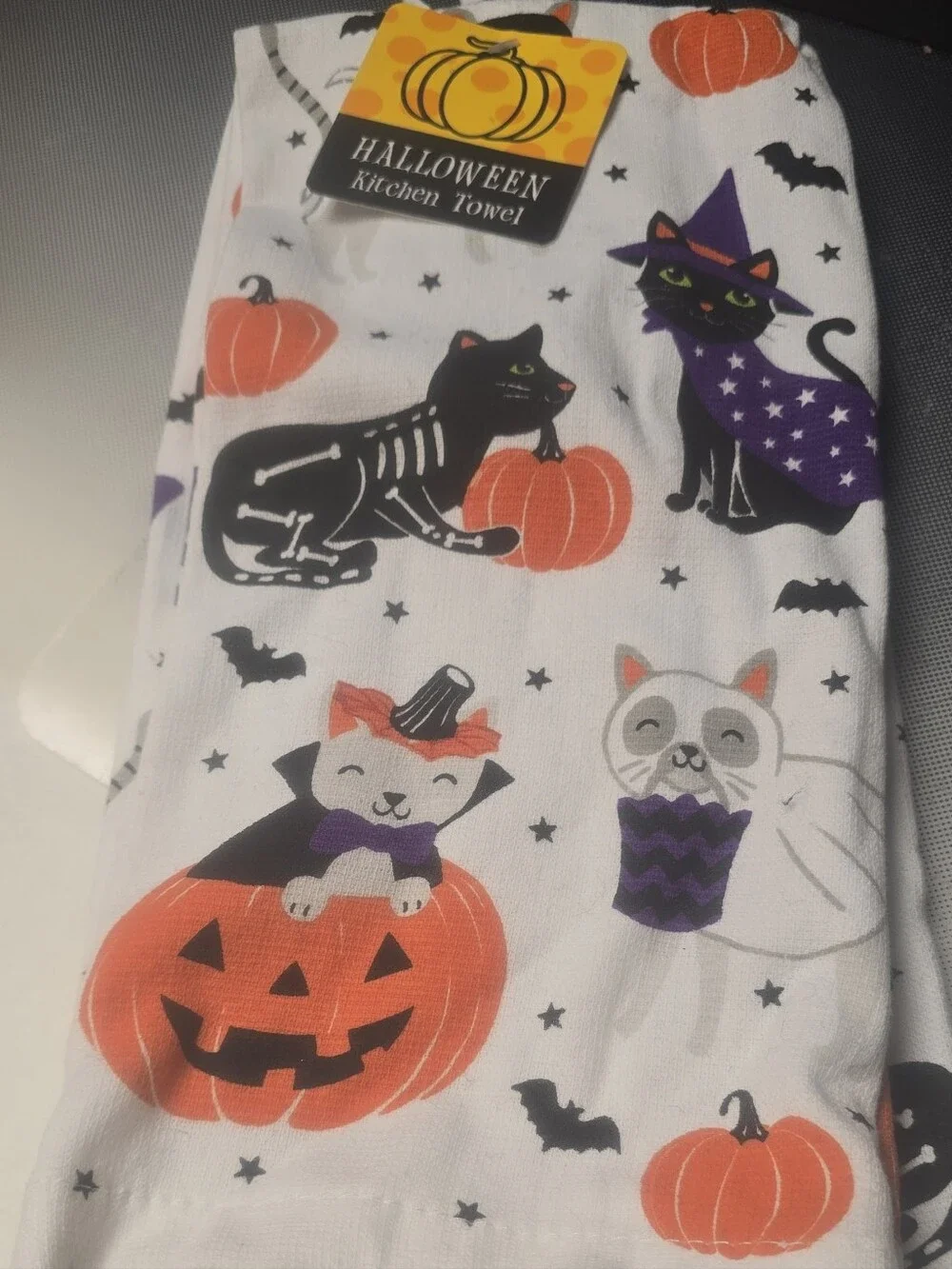 Halloween Custume Cat Dish Towels- Orange & Purple Pumpkin Bats Design Set Of 2